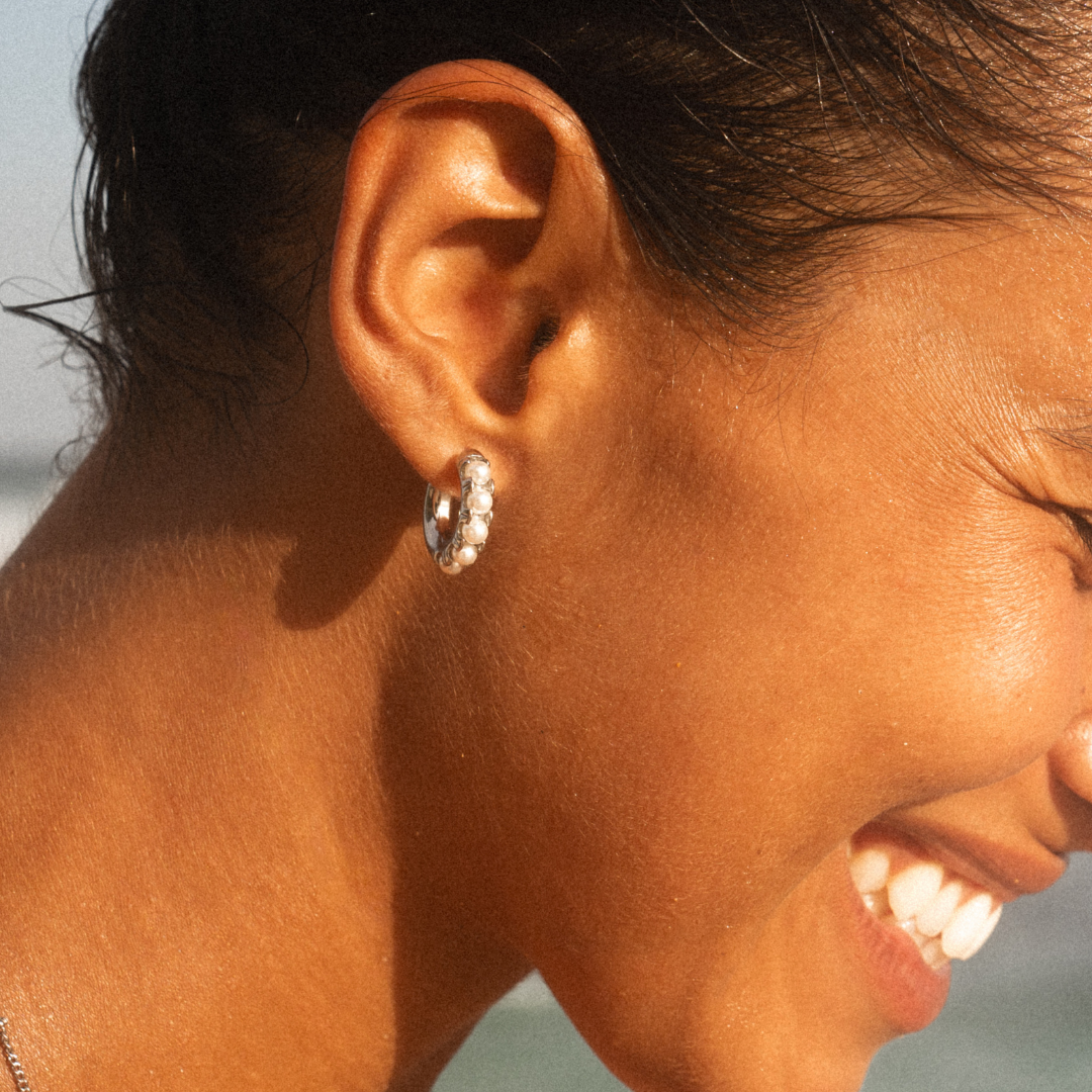 Mini Pearl Huggies Earrings - Image 4